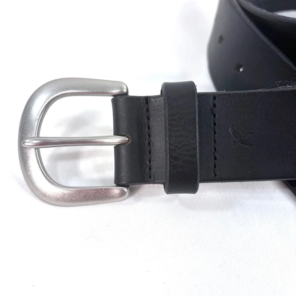 Eddie Bauer Belt Black Genuine Leather Made in USA Silver Buckle Size L